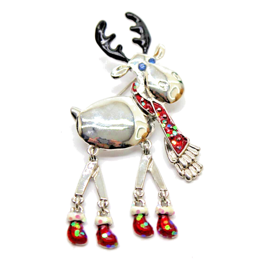 Movable Reindeer Christmas Brooch Red Aurora Borealis Scarf Black Enamel Antlers